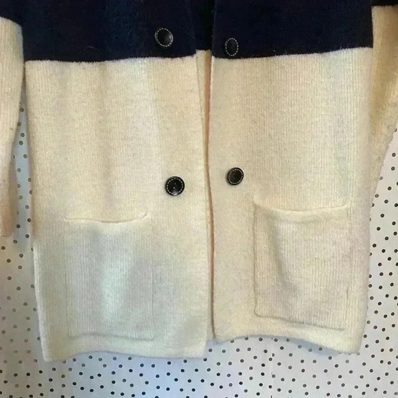 La Fee Verte Wool Navy Blue Cream Long Cardigan - Picture 2 of 7